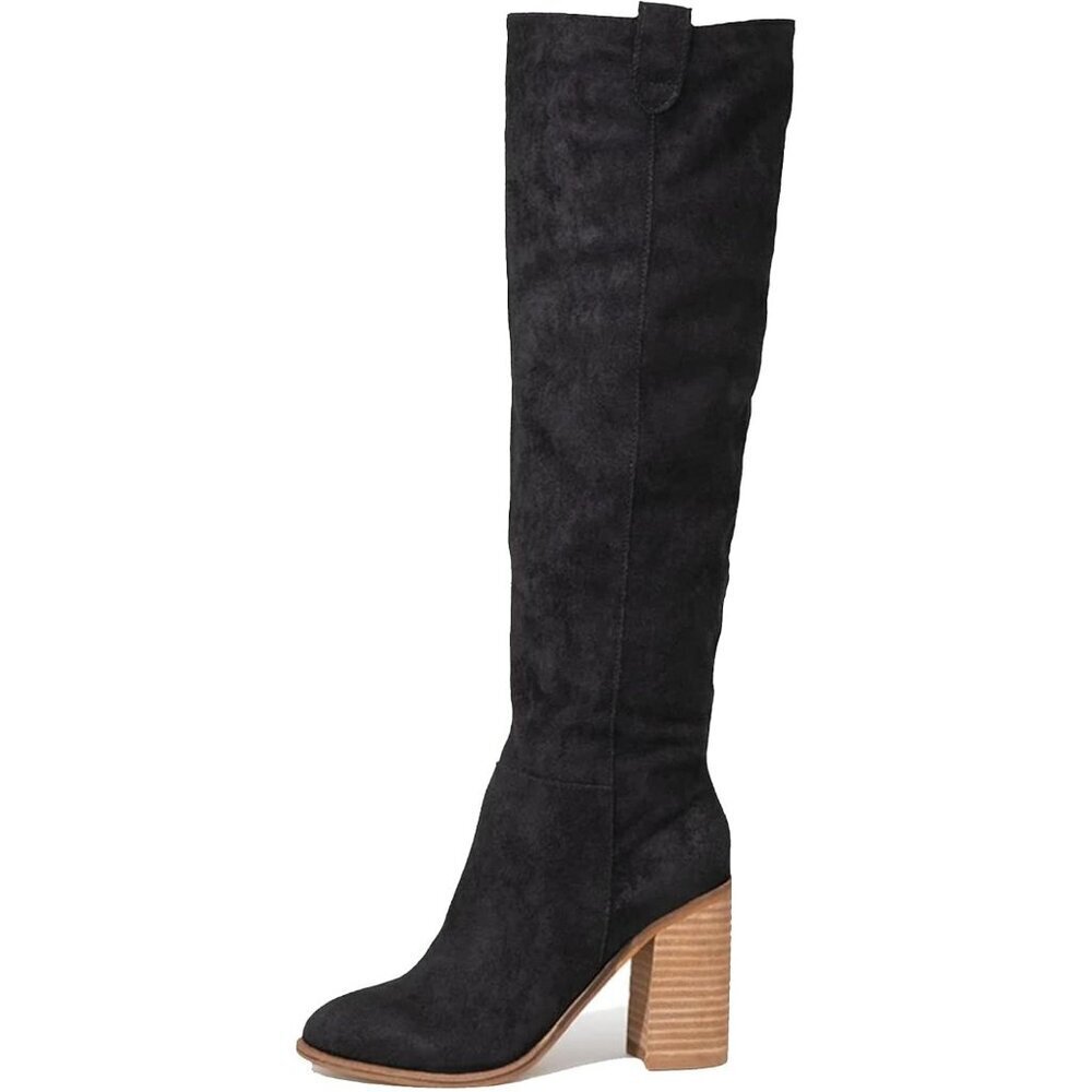 Women's 1 Black Suede Knee-high Boots Fall Boot Chunky Block High Heel